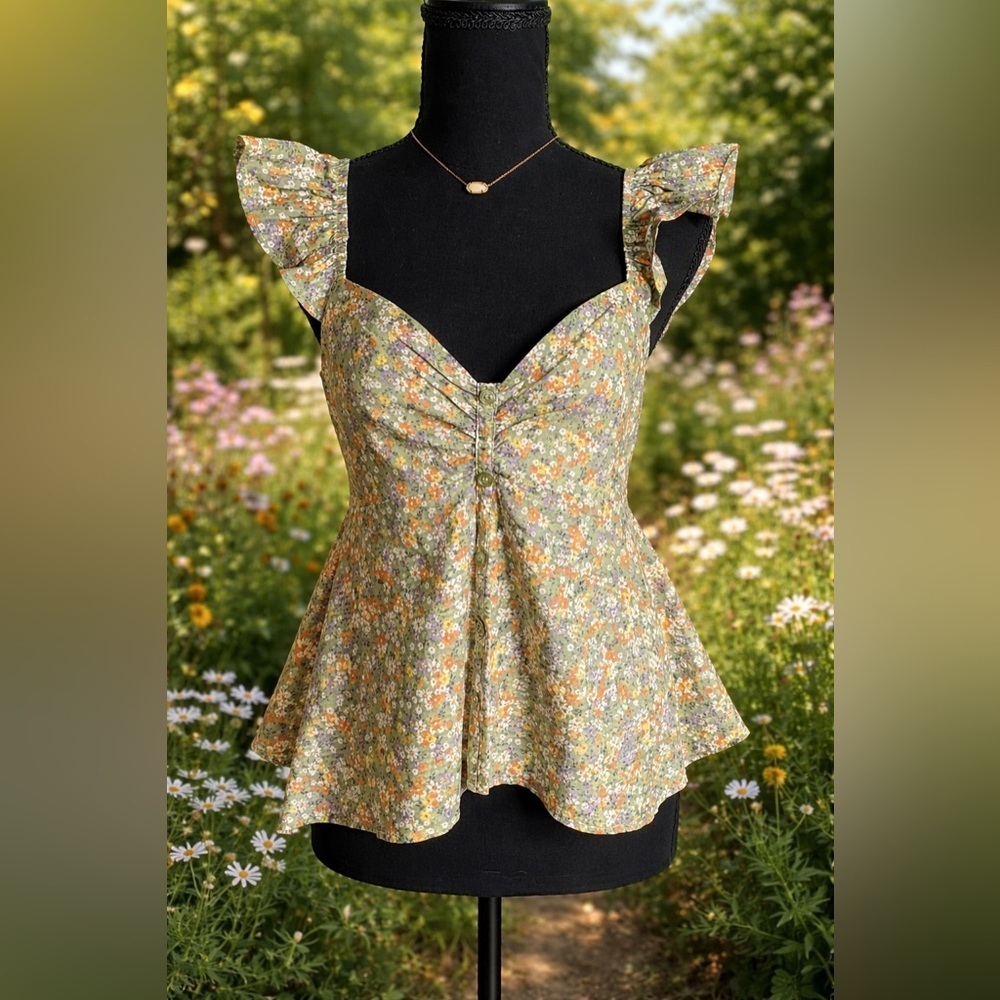 Chic Floral Ruffle hem Blouse 100% Cotton size XL
